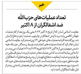 تعداد عملیاتهای حزبالله ضد اشغالگران از ۸ اکتبر