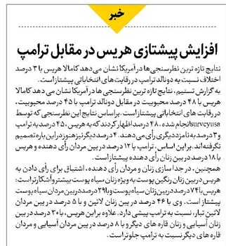 افزایش پیشتازی هریس در مقابل ترامپ