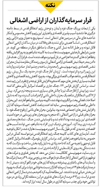 فرار سرمایهگذاران از اراضی اشغالی